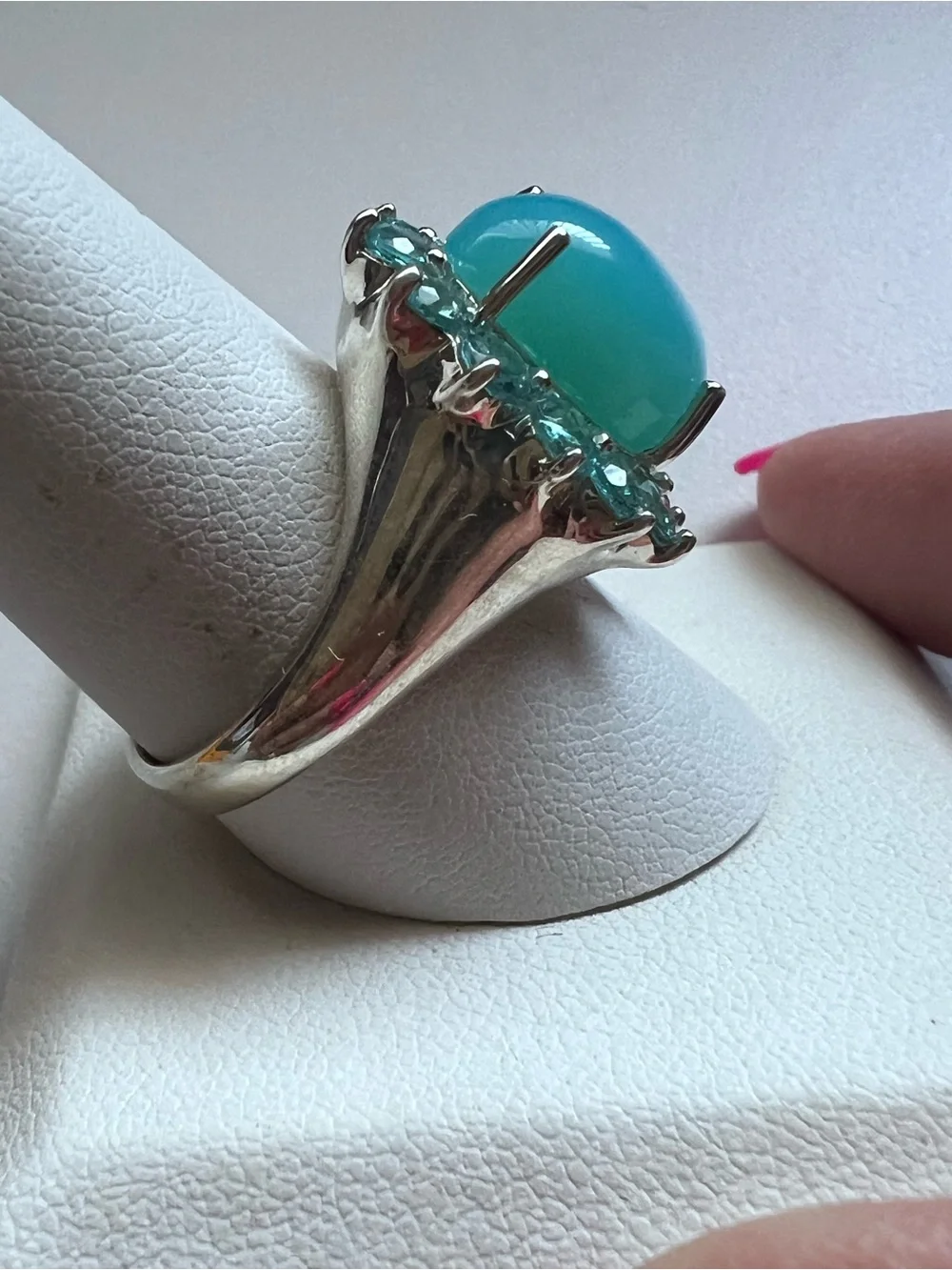 Sterling Silver Sky Blue Chalcedony Cabochon Halo Ring Size 10